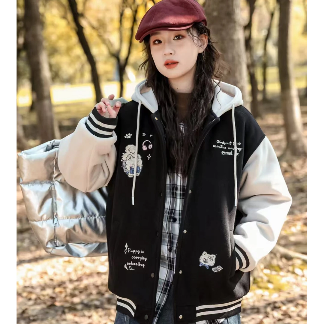 女中大童秋冬季爆款加棉加厚棒球服洋气连帽外套