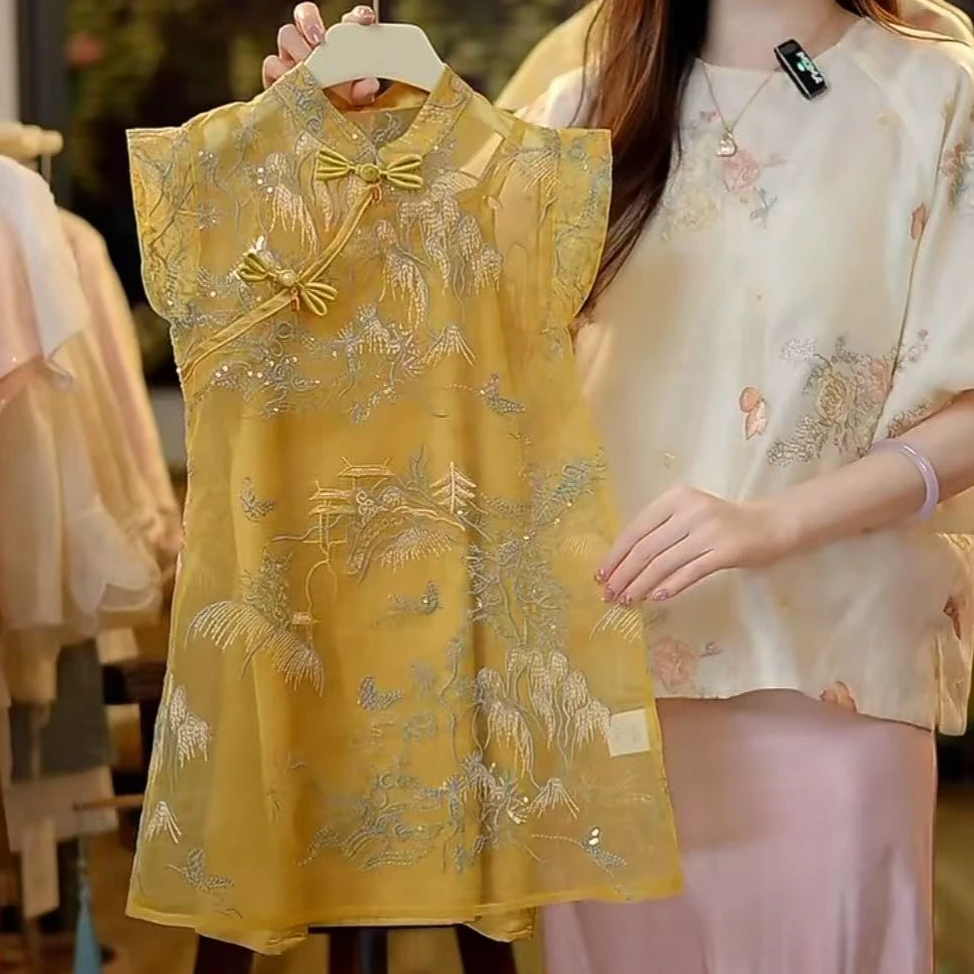 【琨萱】“金韵山水” 夏季新款女童2025新款中式无袖旗袍裙 SS66Q117