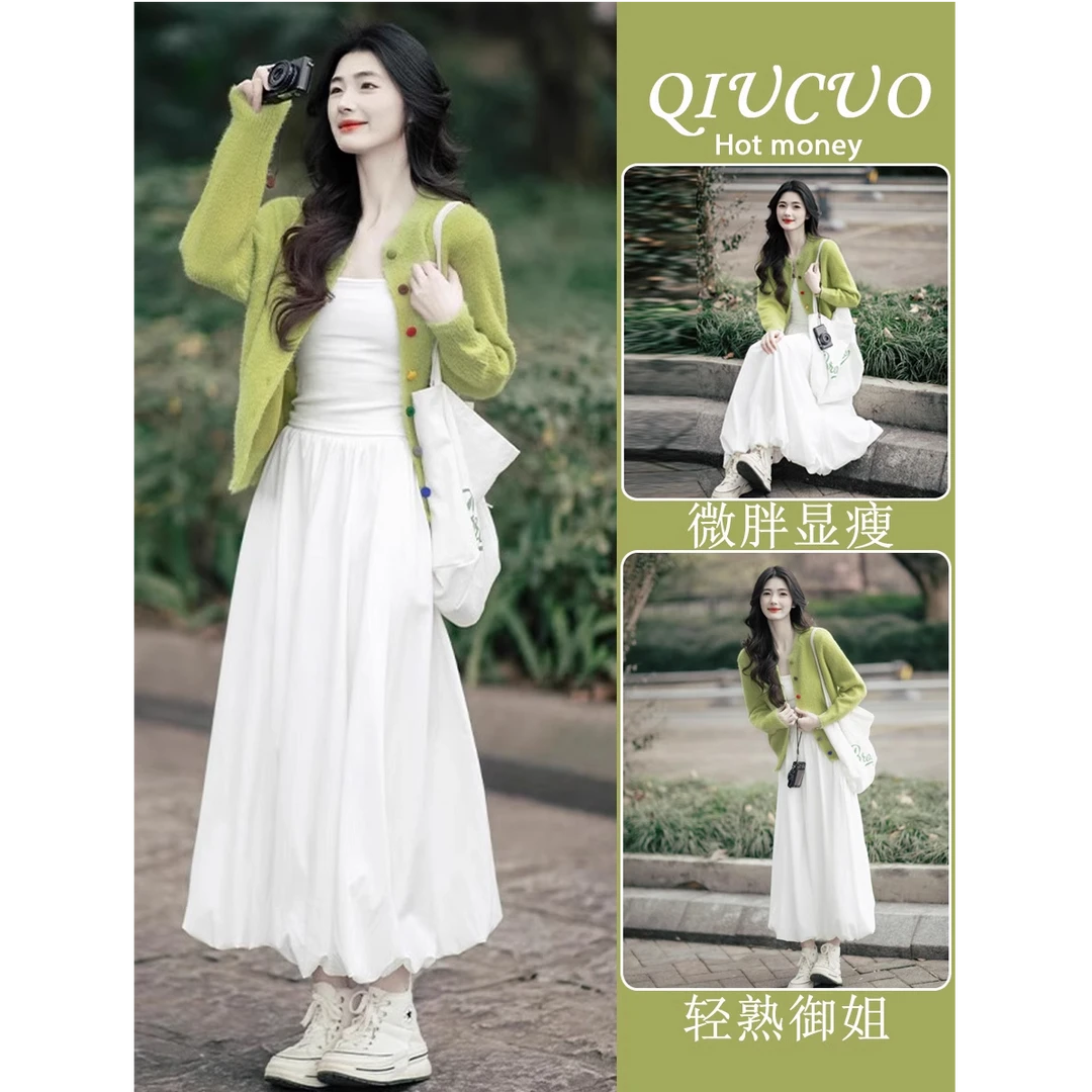 2025超火开春多巴胺盐系穿搭温柔风减龄显瘦针织开衫半身裙两件套