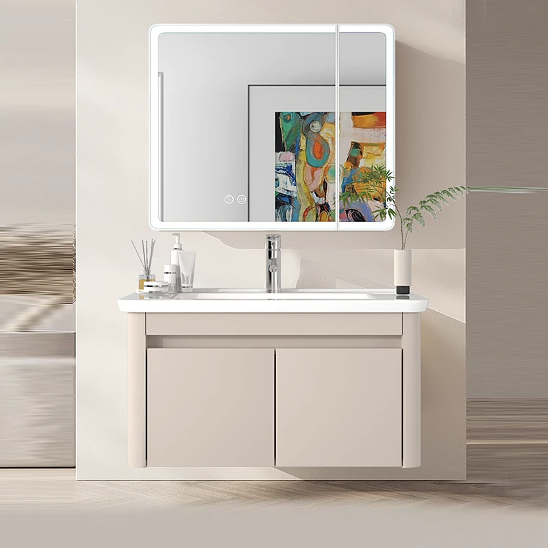 圆弧奶油风太空铝蜂窝铝悬挂式浴室柜一体盆洗手台组合卫生间适用