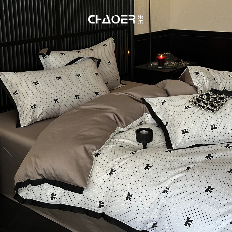 巢尔【奶油啵啵】少女心100s长绒棉毛巾绣四件套纯棉被套