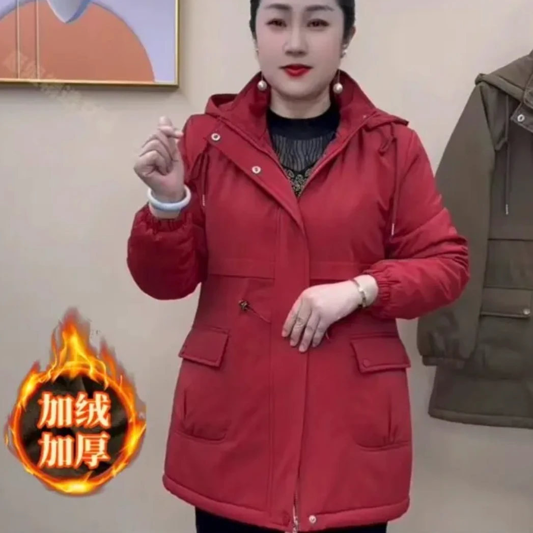 《专柜品质》冬季新款时尚洋气加绒保暖休闲中长款连帽棉服妈妈外套