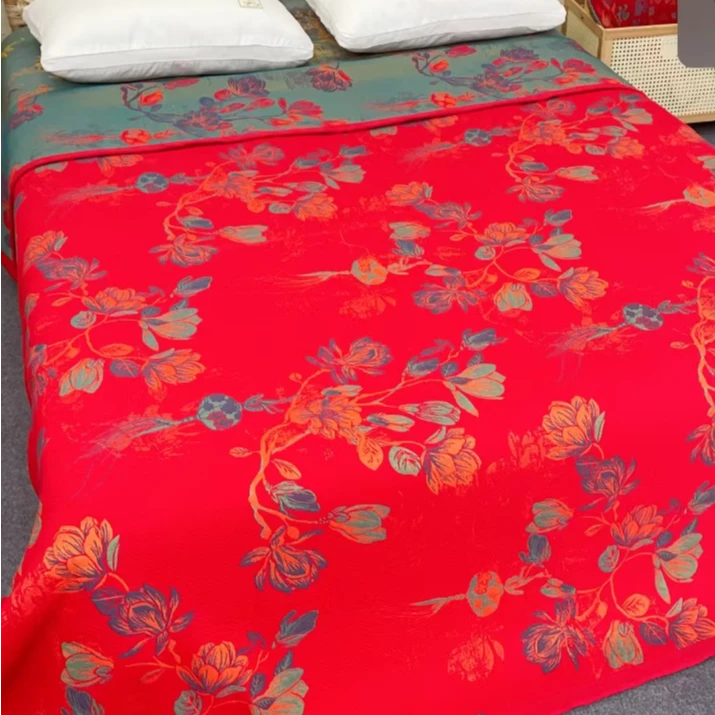 尾货【冬日兰花】2.2*2.4米 床盖四季通用 红色婚庆床品大红恒温毯