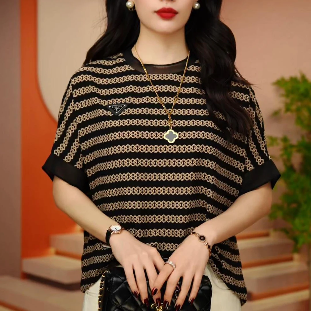 YC 夏季高端优雅时尚百搭轻奢气质显瘦减龄洋气印花短袖上衣8094