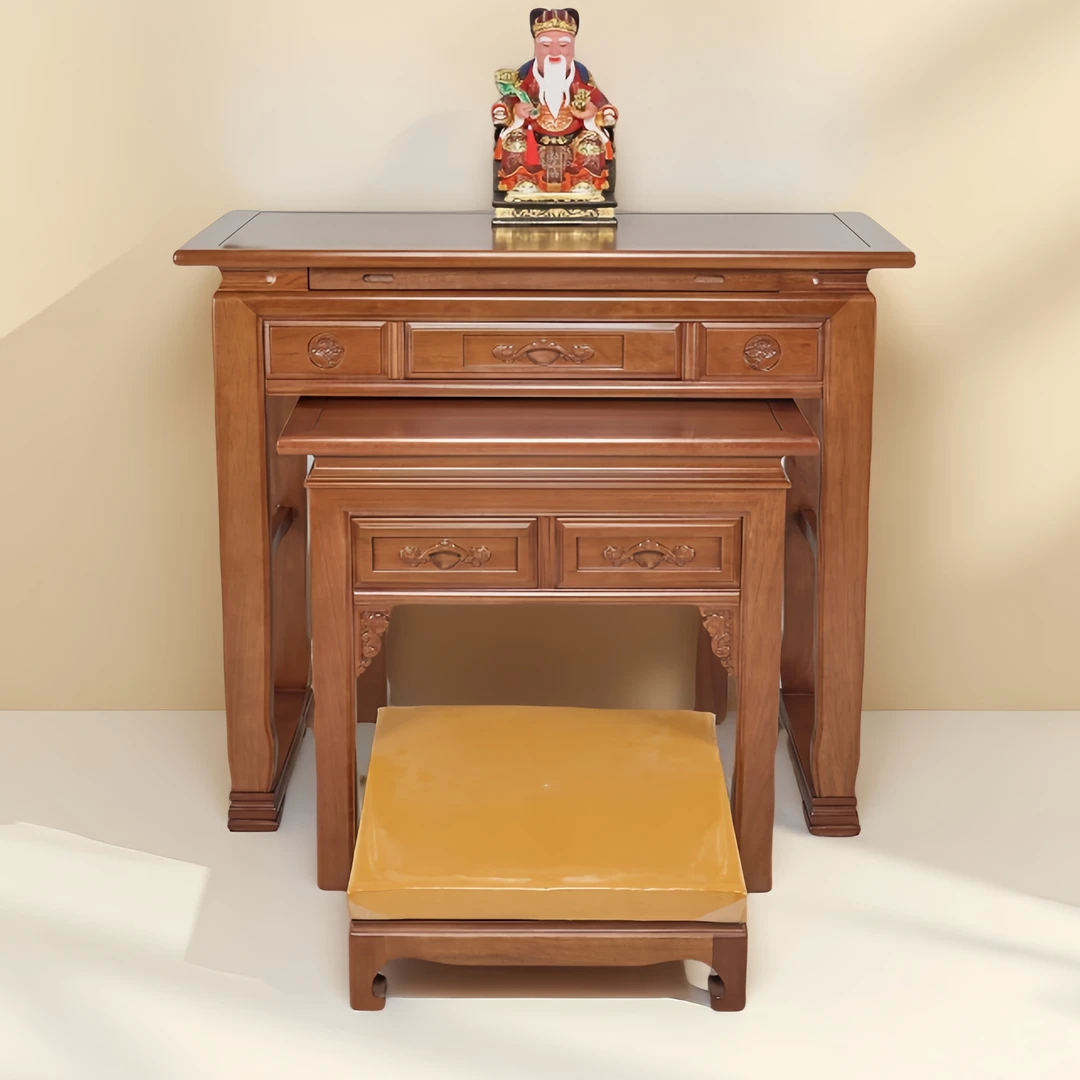 中式供桌佛台家用自建房商品房小套关公台全实木套桌拜凳禅修垫