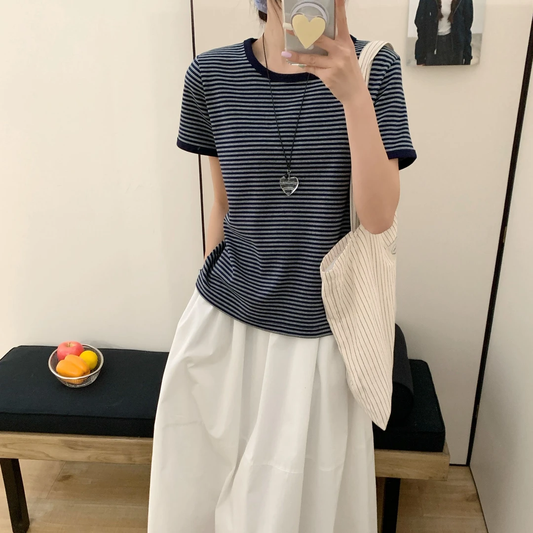 【主播推荐】女士春款拼色条纹短袖7962