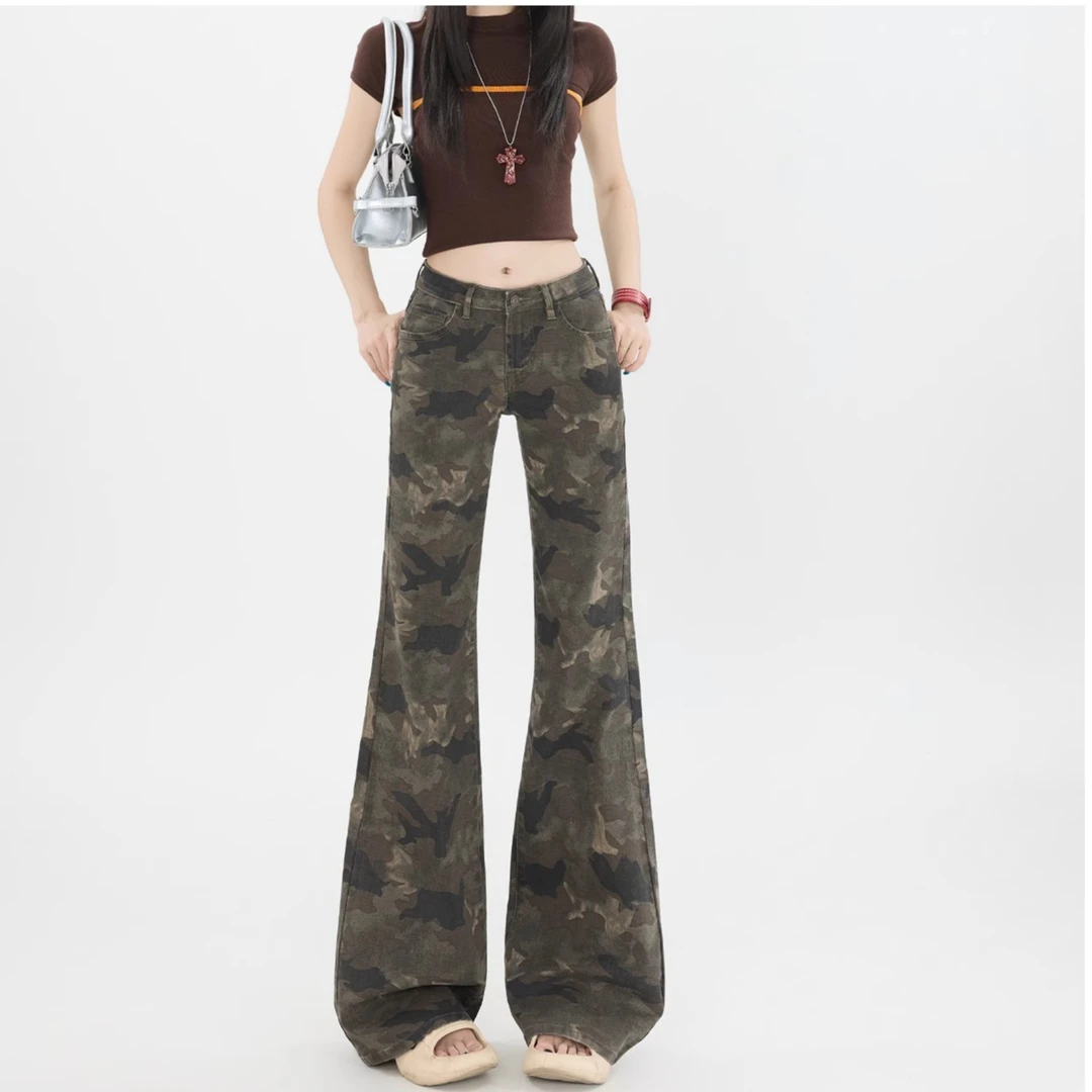 迷彩低腰微喇牛仔裤女2025夏新款宽松显瘦直筒不贴腿喇叭拖地裤子