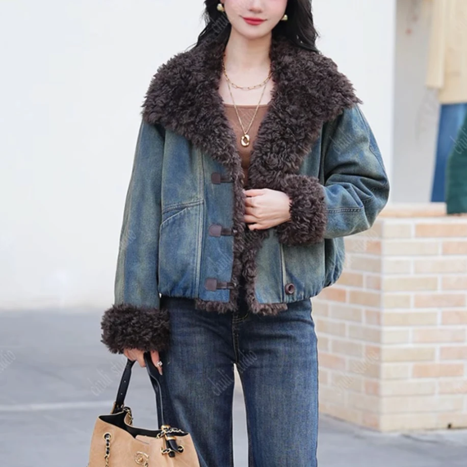 【ChuLi】专柜品质2025新款时尚休闲百搭翻毛领牛仔加绒短款石墨烯