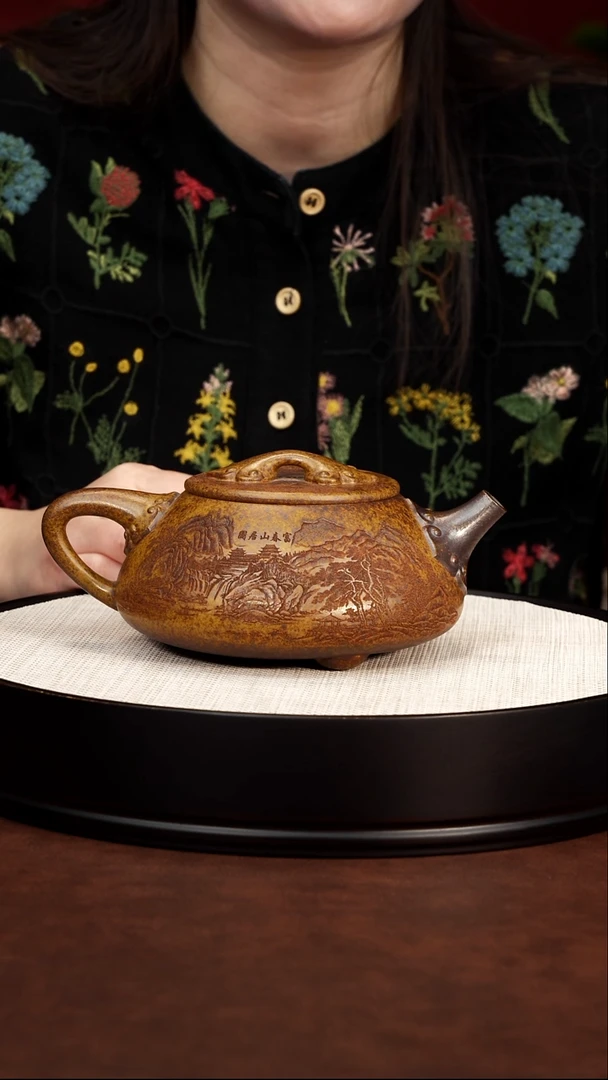 茶壶紫砂如意山水石瓢壶 龙骨金砂 李三妹