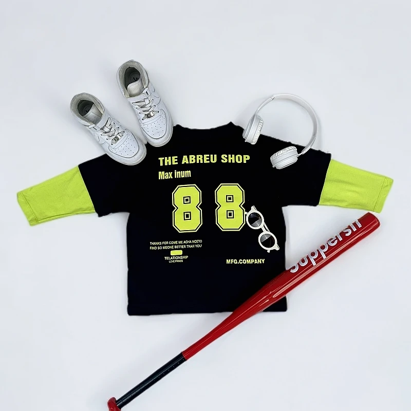 2025春夏新款男女童亲子装宽松大码88号笑脸假两件长袖T恤