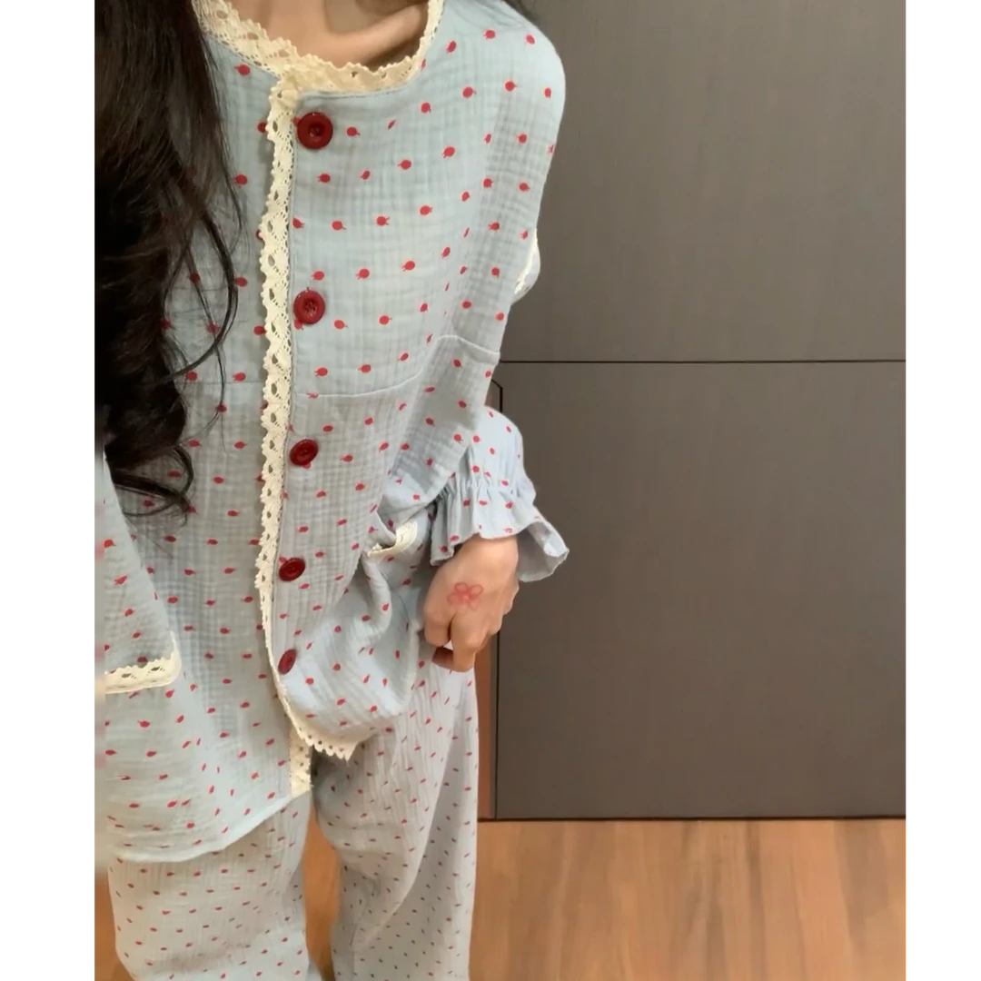 韩系复古设计感波点印花棉纱睡衣女春秋款2025新款纯棉家居服套装