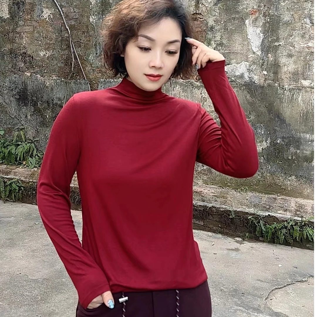 【卿她】羊毛卷针织净色套头中领袖百搭打底小立领打底衫面膜衣