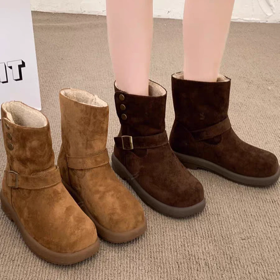 【米热】62031-女款2025冬新款加绒女保暖棉鞋外穿勃肯短靴马丁棉靴