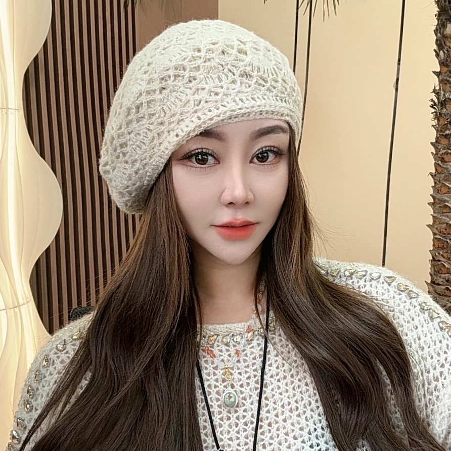 手工编织大花贝雷帽韩版时尚百搭遮白发包头帽网红女士防风法式帽