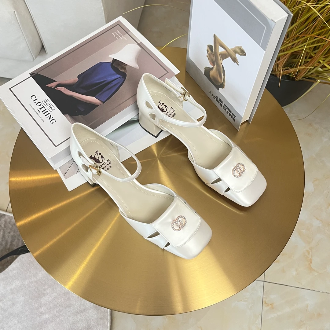 范戈希跟4cm牛皮夏中空方头法式时装凉鞋气质粗跟罗马凉鞋买1赠3