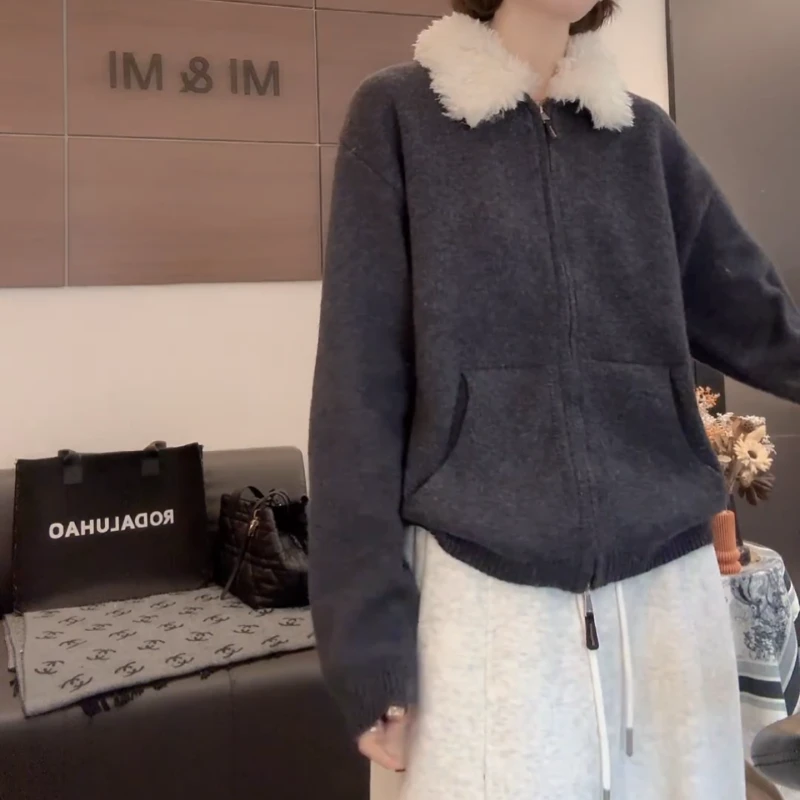 2025新款时尚百搭卷卷毛翻领拉链针织开衫LK2508381