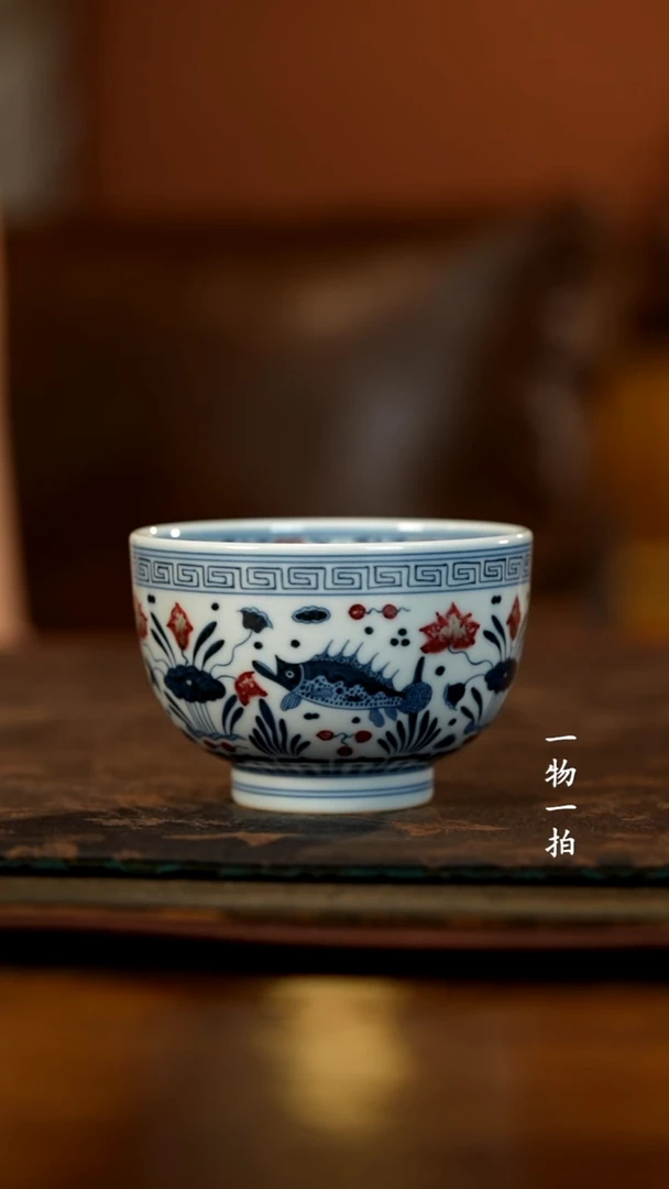 a**b青花釉里红鱼藻纹罗汉杯