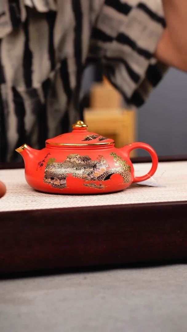 茶壶紫砂玫红朱泥 寒江 忆江南珐琅彩