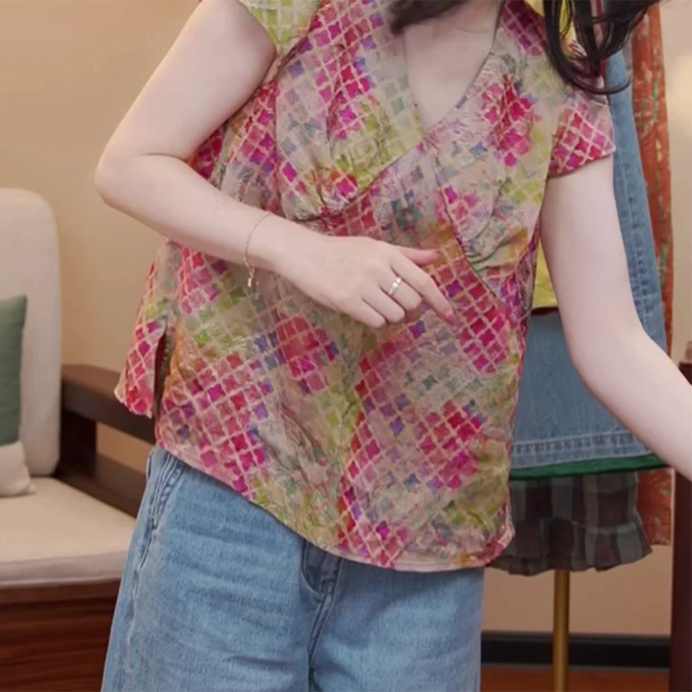 夏季新款V领提花花萝彩色四叶草短袖上衣C5246