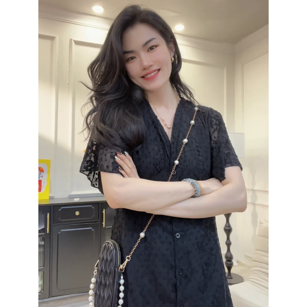 【香草】小个子/常规~定制面料夏季蕾丝设计感V领单排扣连衣裙LY