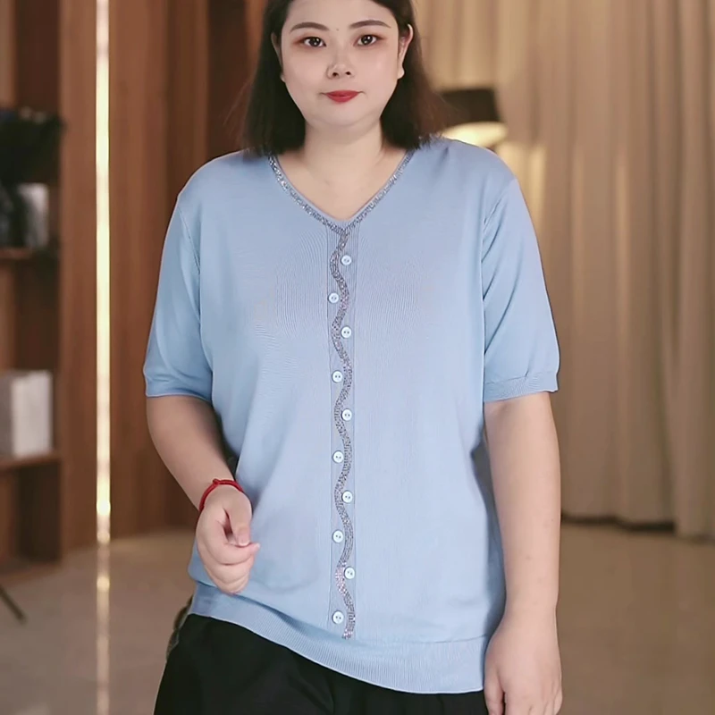 夏季冰爽针织衫薄款大码女装胖mm宽松显瘦短袖百搭V领上衣遮肚