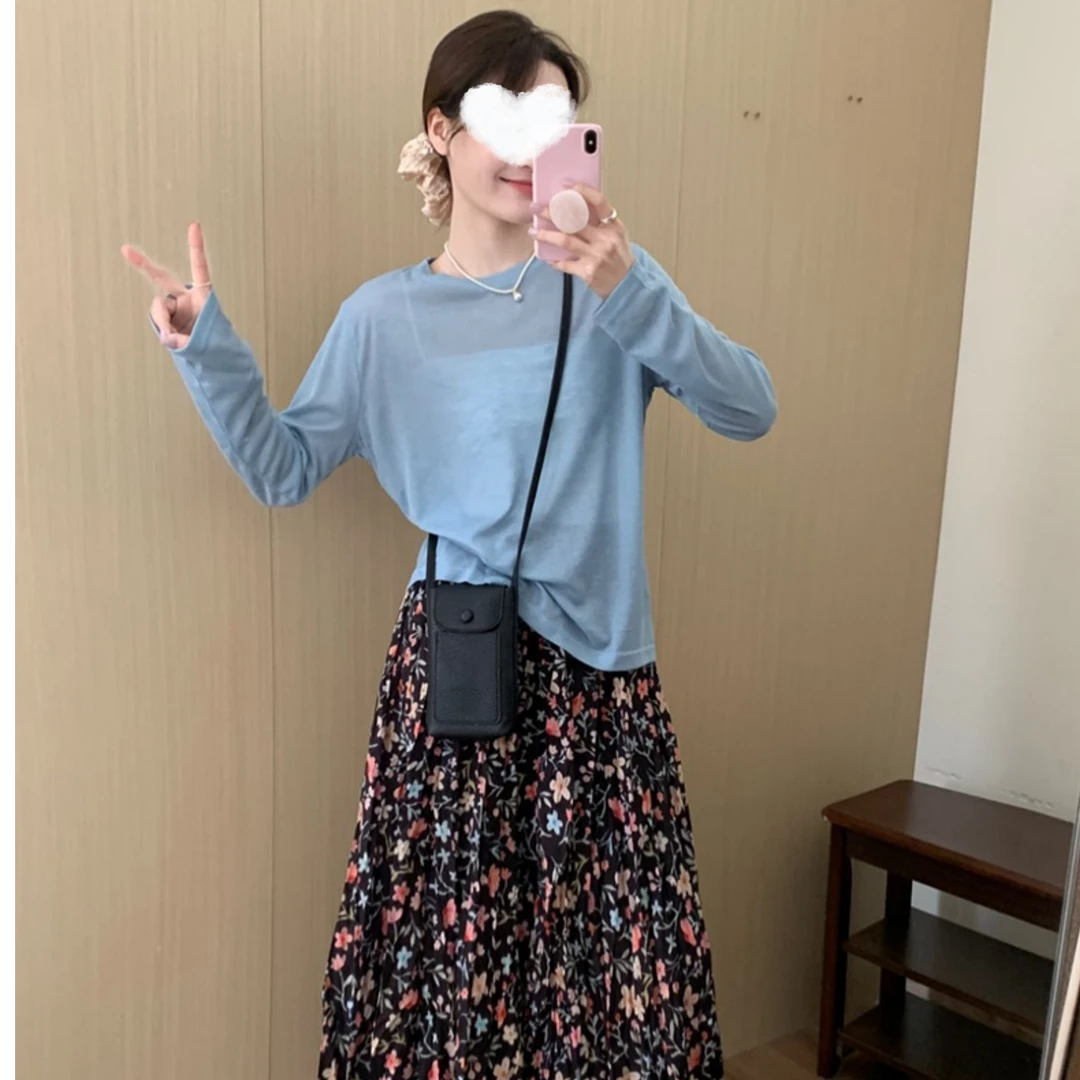 海盐蓝防晒罩衫女2025夏季新款宽松百搭冰丝面膜T恤长袖薄款上衣