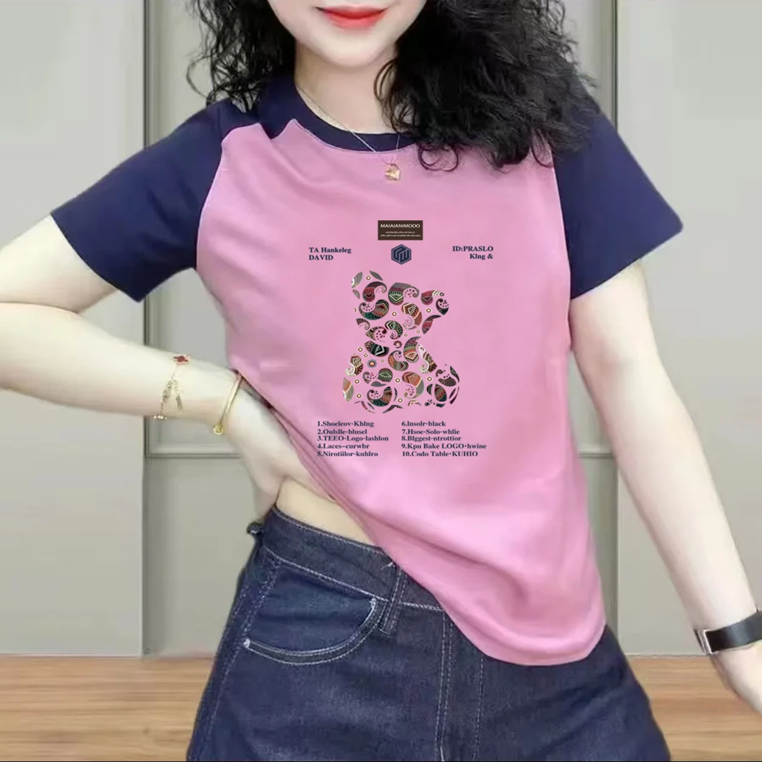 短袖时尚圆领减龄洋气插肩袖显瘦拼接印花韩版宽松型T恤半袖夏季