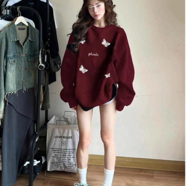 酒红色卫衣女秋冬2025新款爆款美式加绒加厚圆领无帽套头长袖上衣