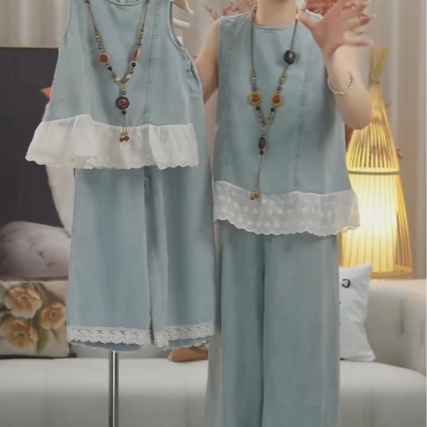 (原版高品质)女童夏季韩版套装儿童牛仔背心无袖上衣阔腿裤两件