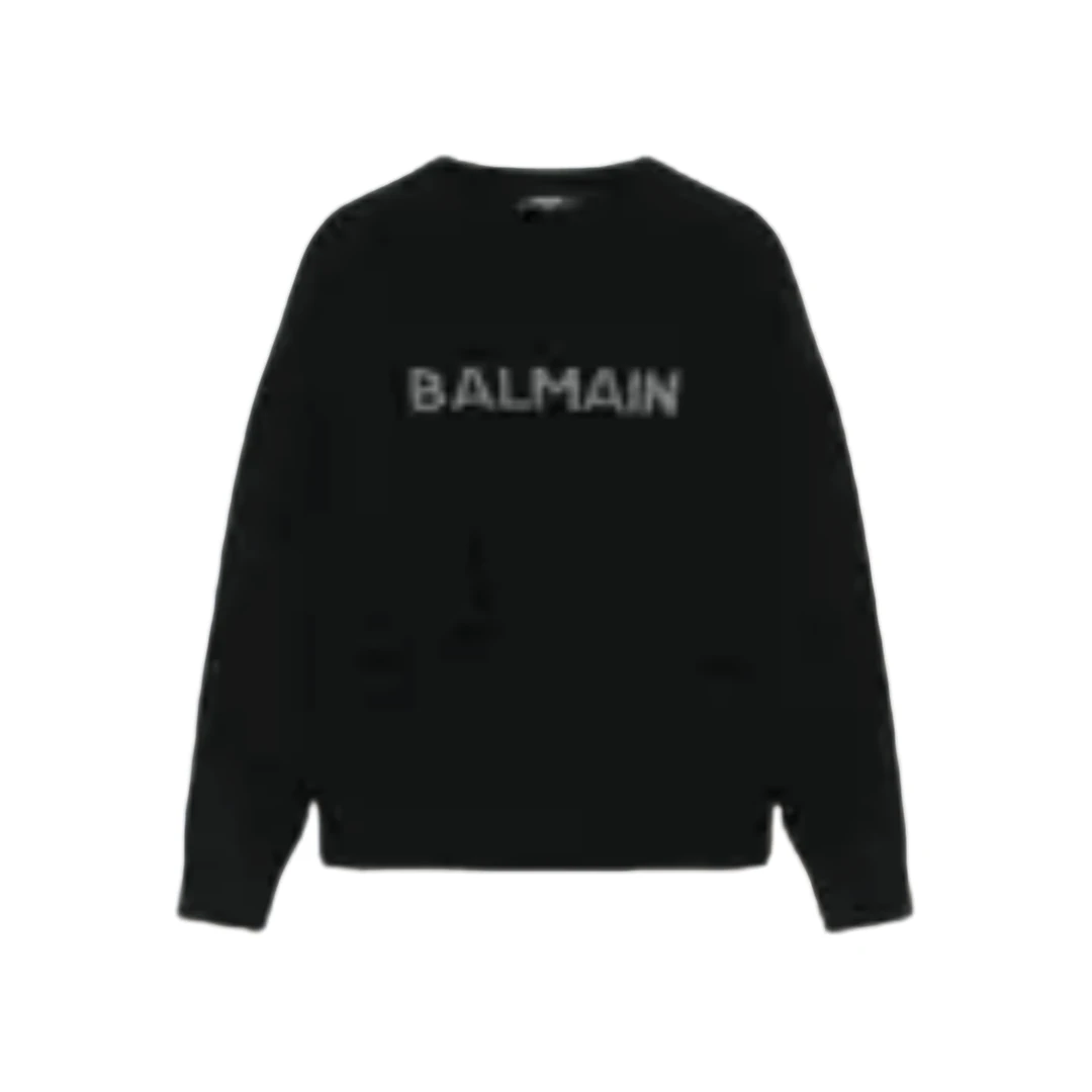 全新未使用 BALMAIN/巴尔曼 字母徽标黑色羊毛羊绒混纺圆领毛衣