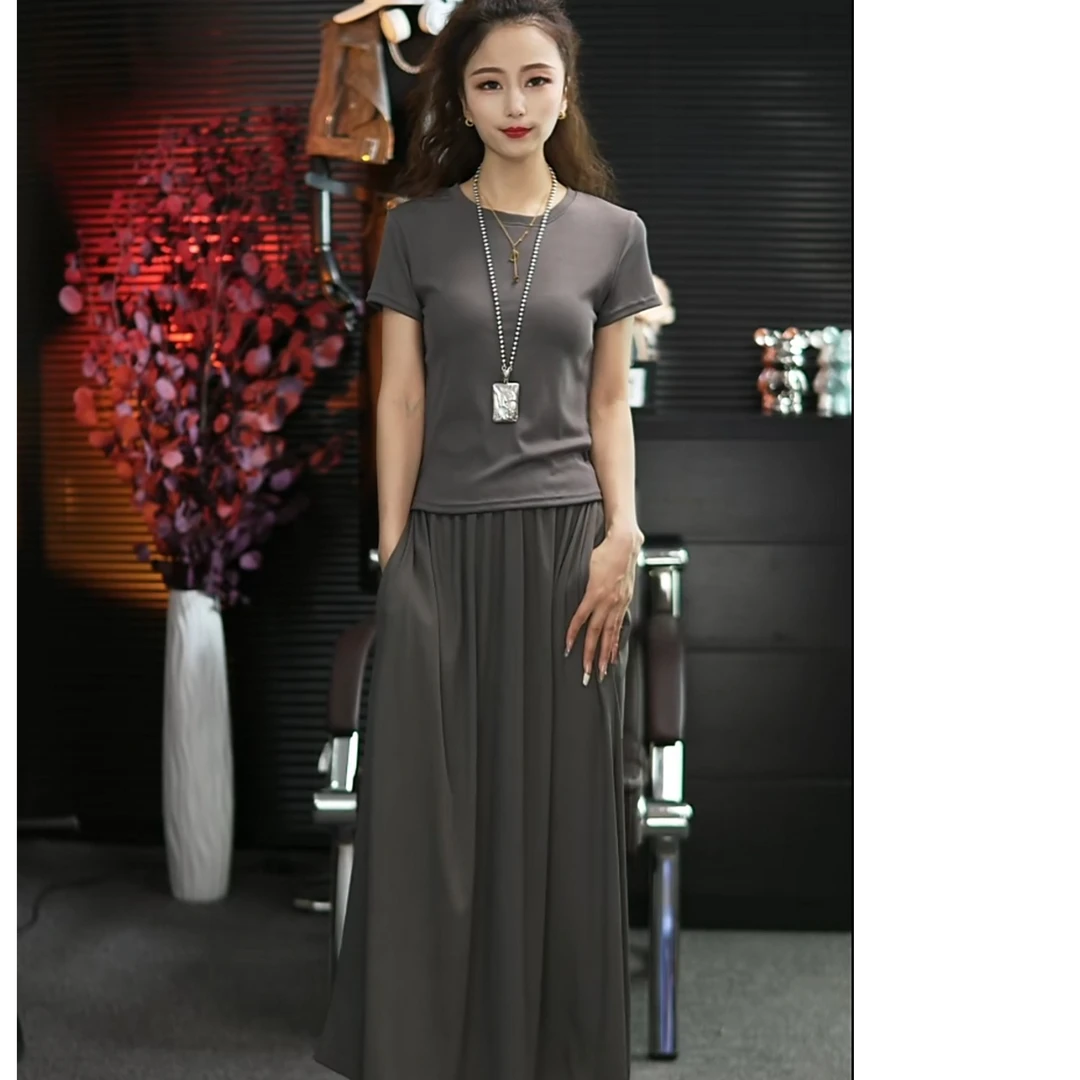 （短袖+半身裙）夏季短款法式两件套半身裙大摆长裙套装