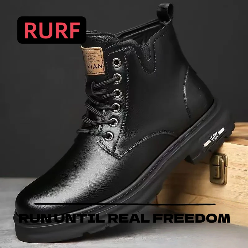 保暖轻便素面高帮马丁靴英伦男靴系带学院风中帮厚款工装休闲皮鞋