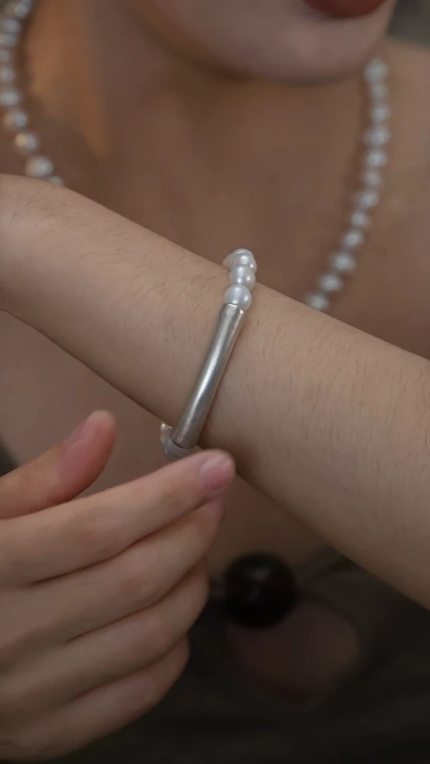 足银镶嵌淡水珍珠手链足银手镯