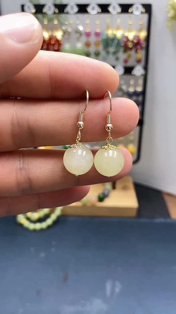 和田玉银S925镀金镶嵌耳饰尺寸12mmC6