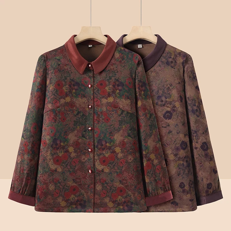 母亲奶奶秋装衬衫长袖上衣妈妈装春秋宽松厚衬衣大码衣服外套加厚