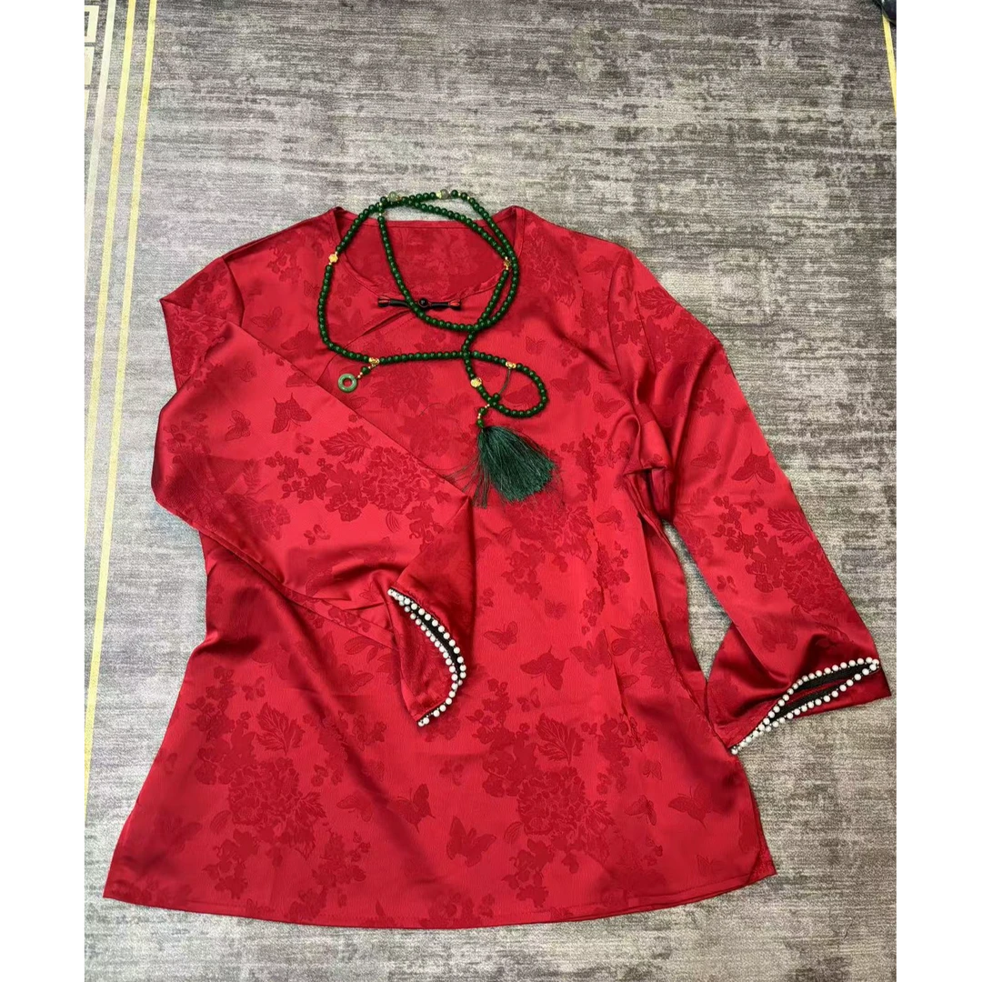 打底衫长袖网红复古中国风提花新中式时尚新年款女士红色