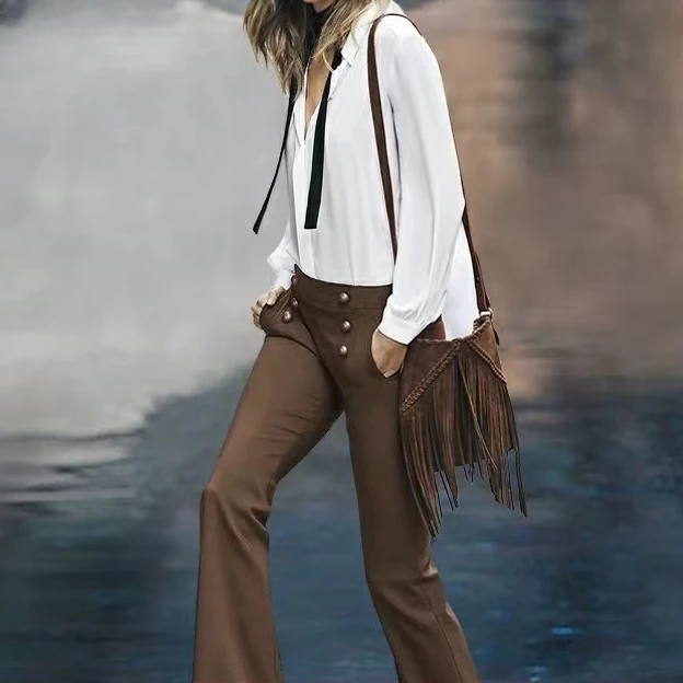 平凡高定！美式微喇高腰修身百搭时尚双排扣休闲长裤F0321(A22-11