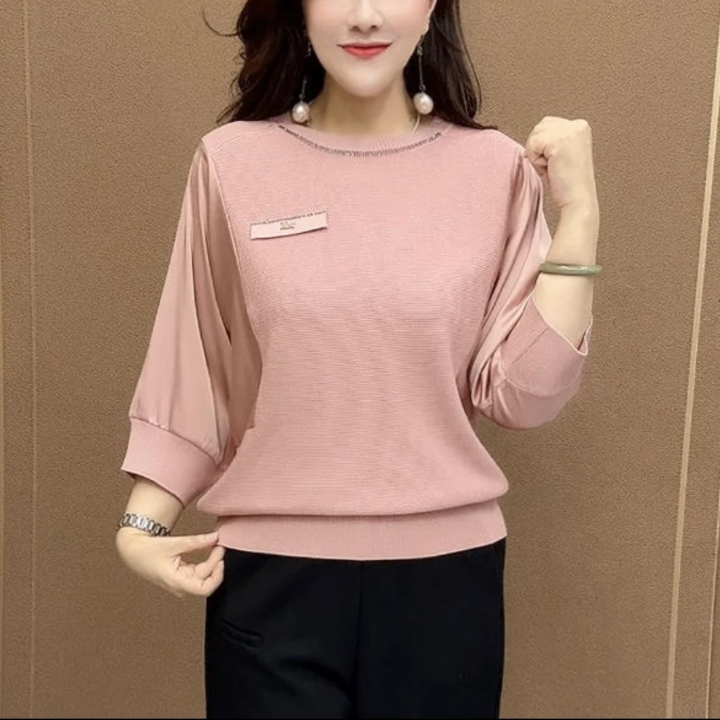时尚洋气减龄气质妈妈装2025秋季新款圆领假兜盖拼接七分袖针织衫