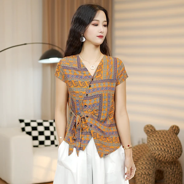 夏季新款时尚复古花色V领气质系带收腰透气T恤洋气百搭显瘦上衣