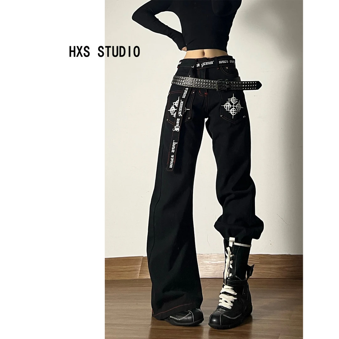 美式复古高街黑色牛仔裤微喇女秋季新款设计感明线修身辣妹长裤子