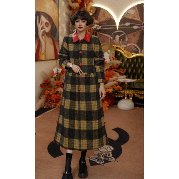 6630 时尚气质格子中长款女士大衣外套