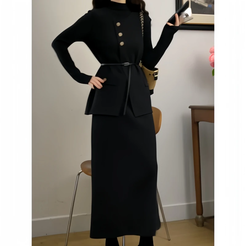 2025新大码秋季新款小香风马甲针织三件套半高领打底衫高腰半身裙