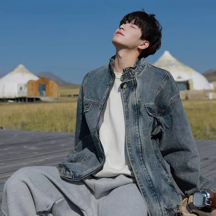 YAZM【设计款】美式复古水洗做旧牛仔夹克外套男春秋百搭宽松情侣款
