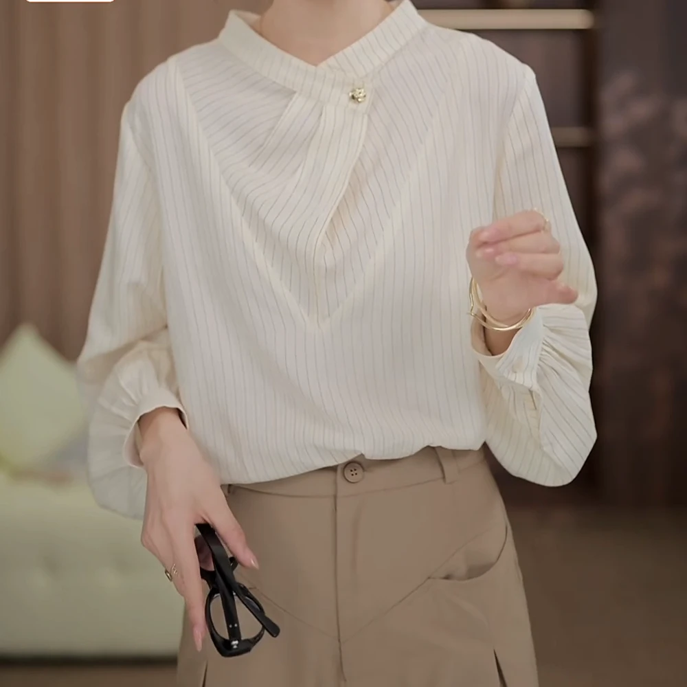 【马赛海港】轻奢气质条纹长袖衬衫宽松显瘦上衣2025早春新款衬衣