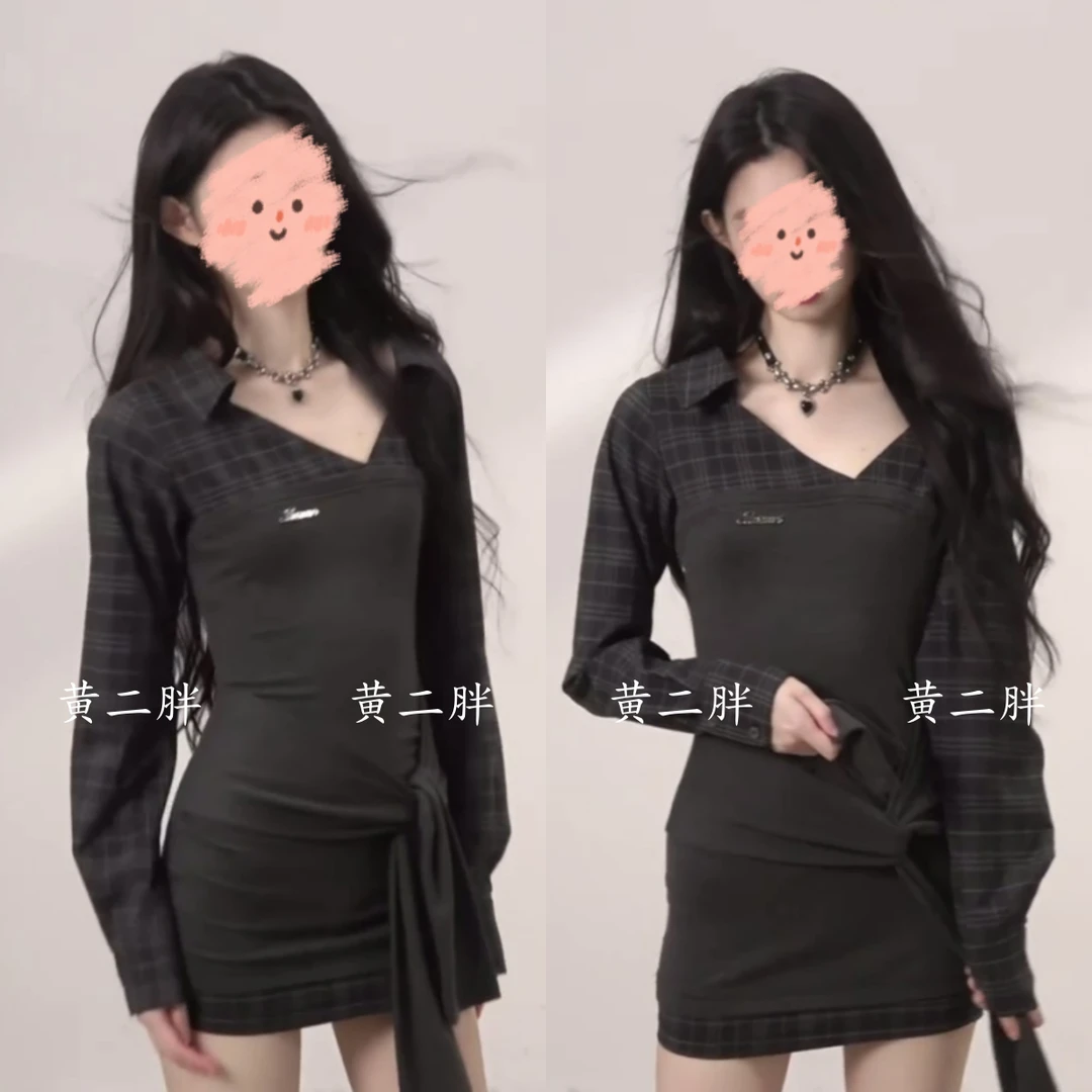韩系假两件拼接格纹长袖连衣裙女早秋新款气质系带收腰显瘦短裙子