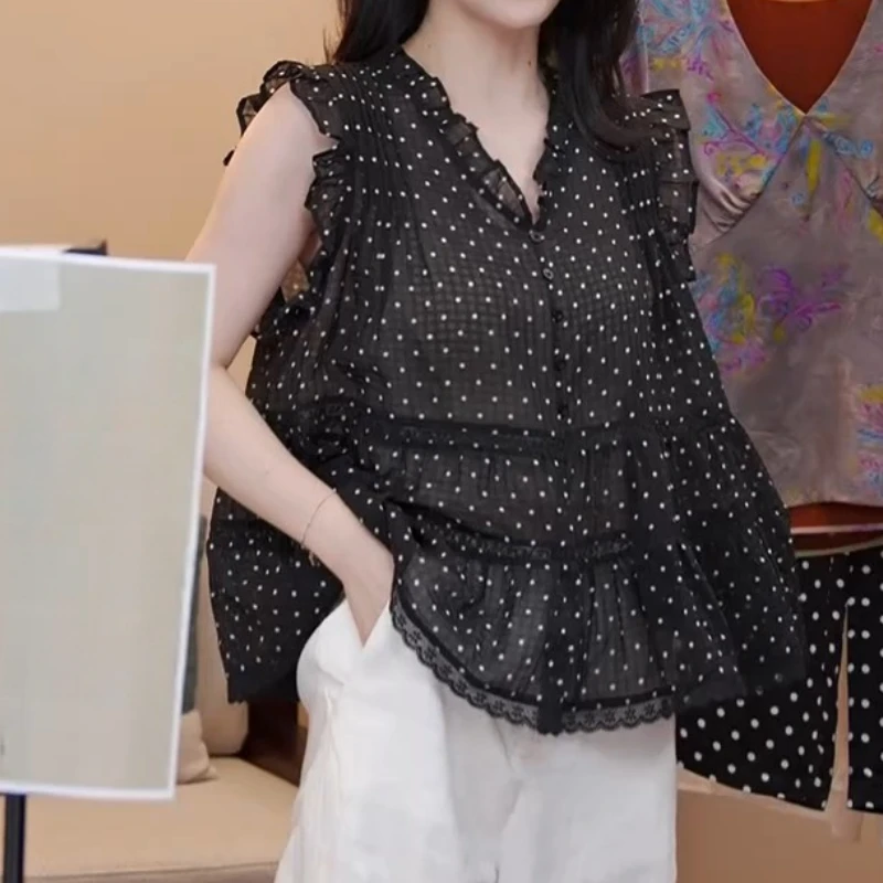 2025夏季新款设计感百搭法式V领波点木耳边衬衫LK2504408