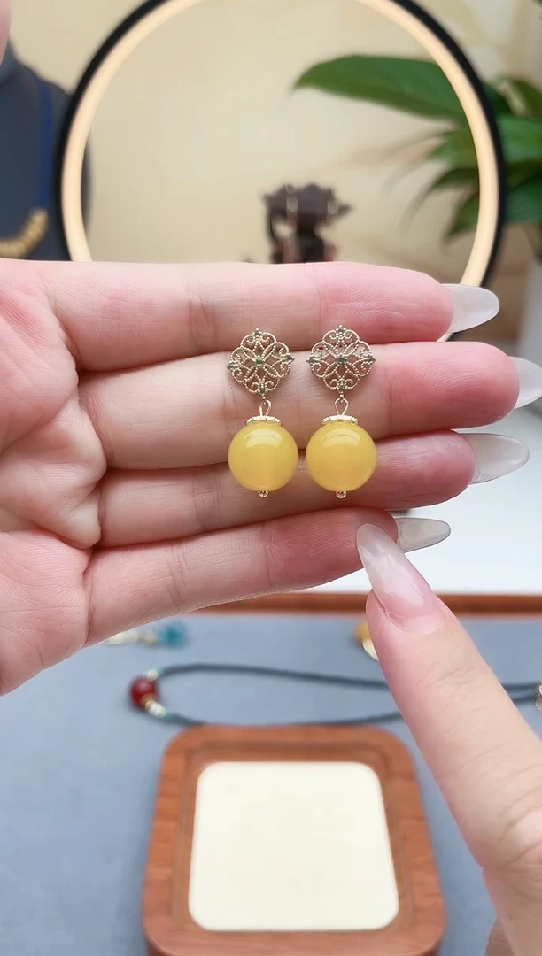 玛瑙/玉髓耳饰银S925镶嵌00黄色耳钉
