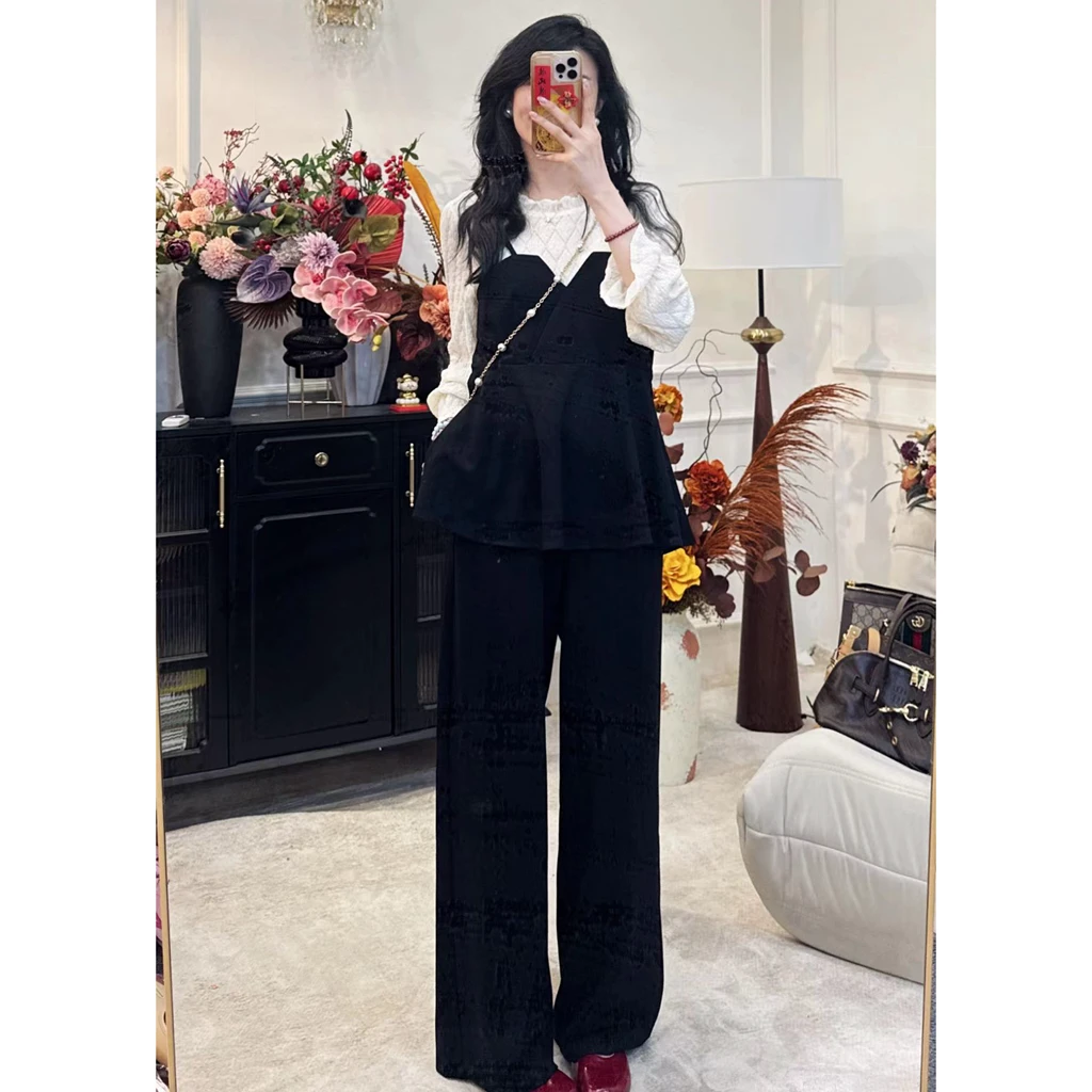 【慵懒漫游】早秋新款微胖女装气质减龄假两件上衣搭配裤子时尚套装