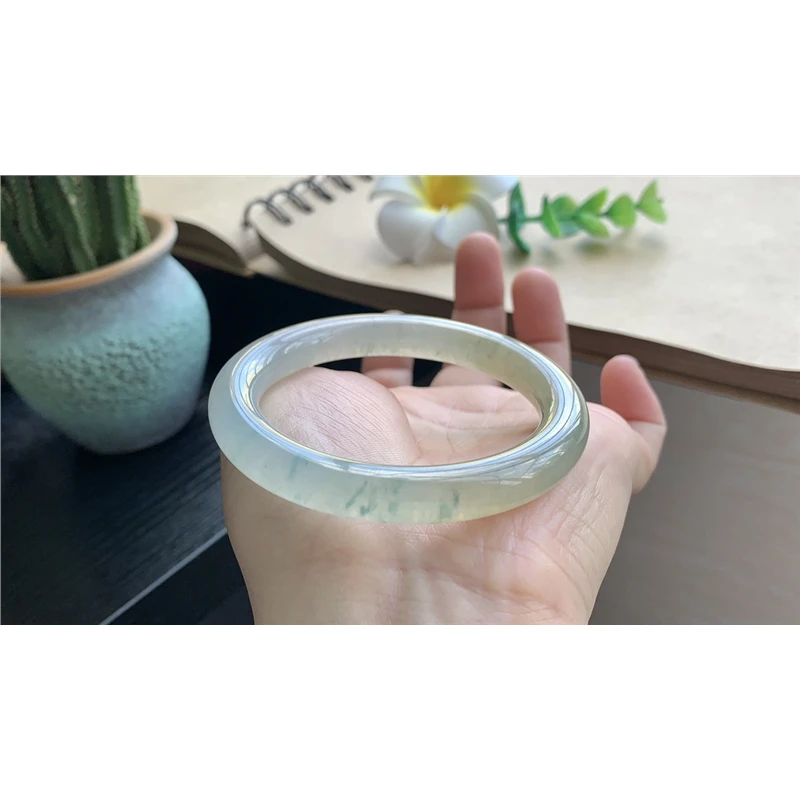 12.03批11378号52.7-8.8圆条冰黄飘花 冰糖雪梨底色 天然翡翠手镯