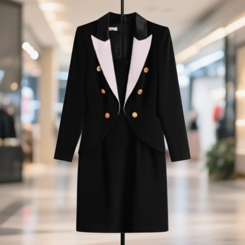 歌中有梦2025早春朵朵撞色戗驳领假两件收腰西装连衣裙